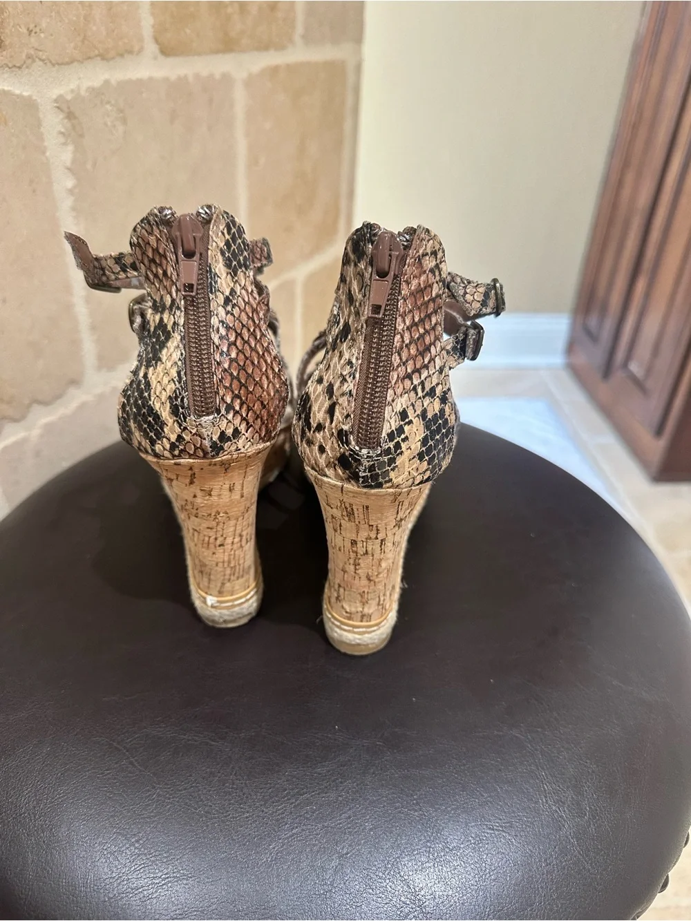 Embellished Snakeskin-Print Wedge Sandals - Brown